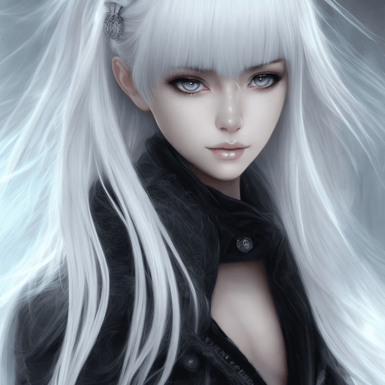 AI generated: Single Beautyful young girl, white hair with long bangs, anime face, ultra detailed, hd, black coat ...
