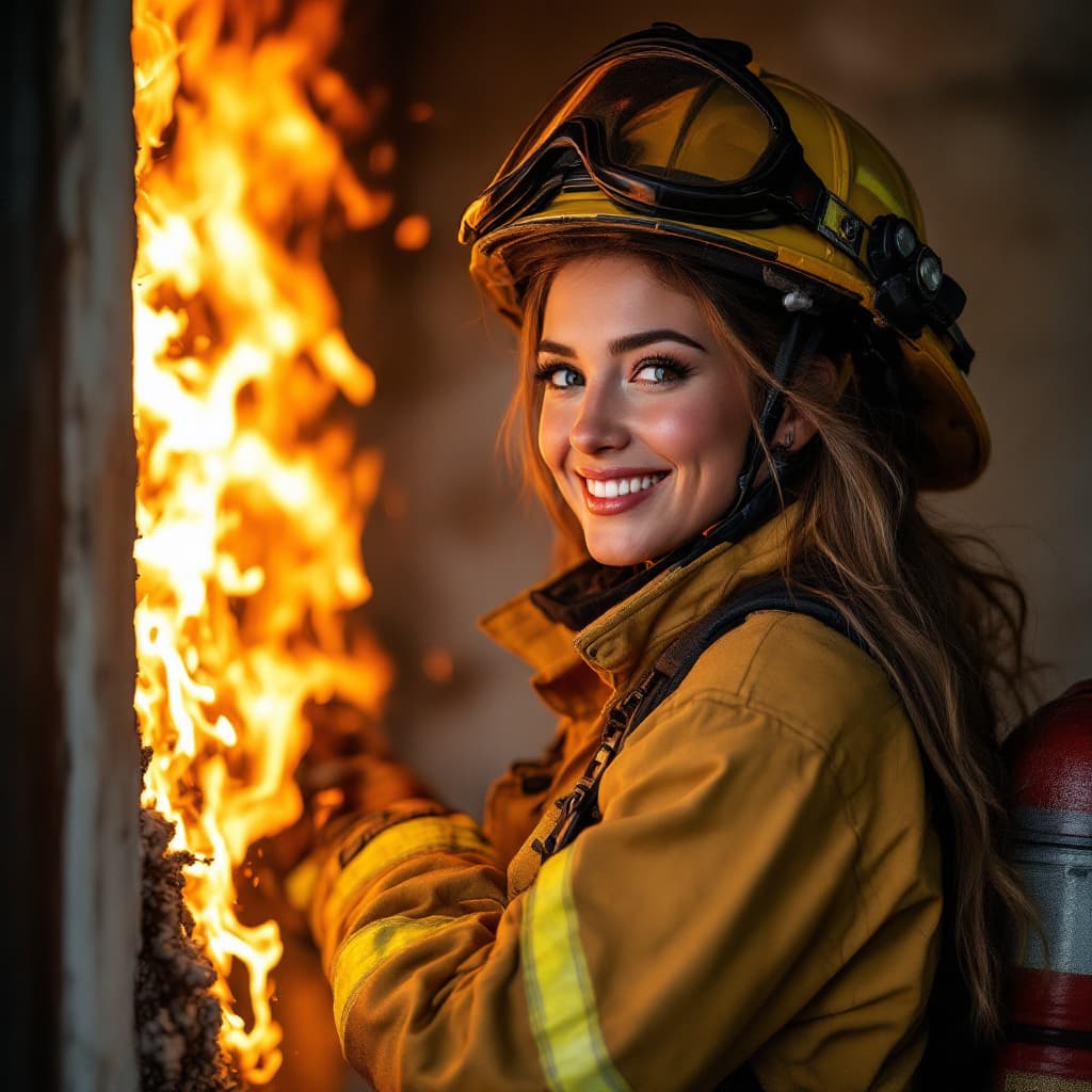 AI generated: A pretty female firefighter in full gear, putting out a fire, with a confident smile, photorealistic...