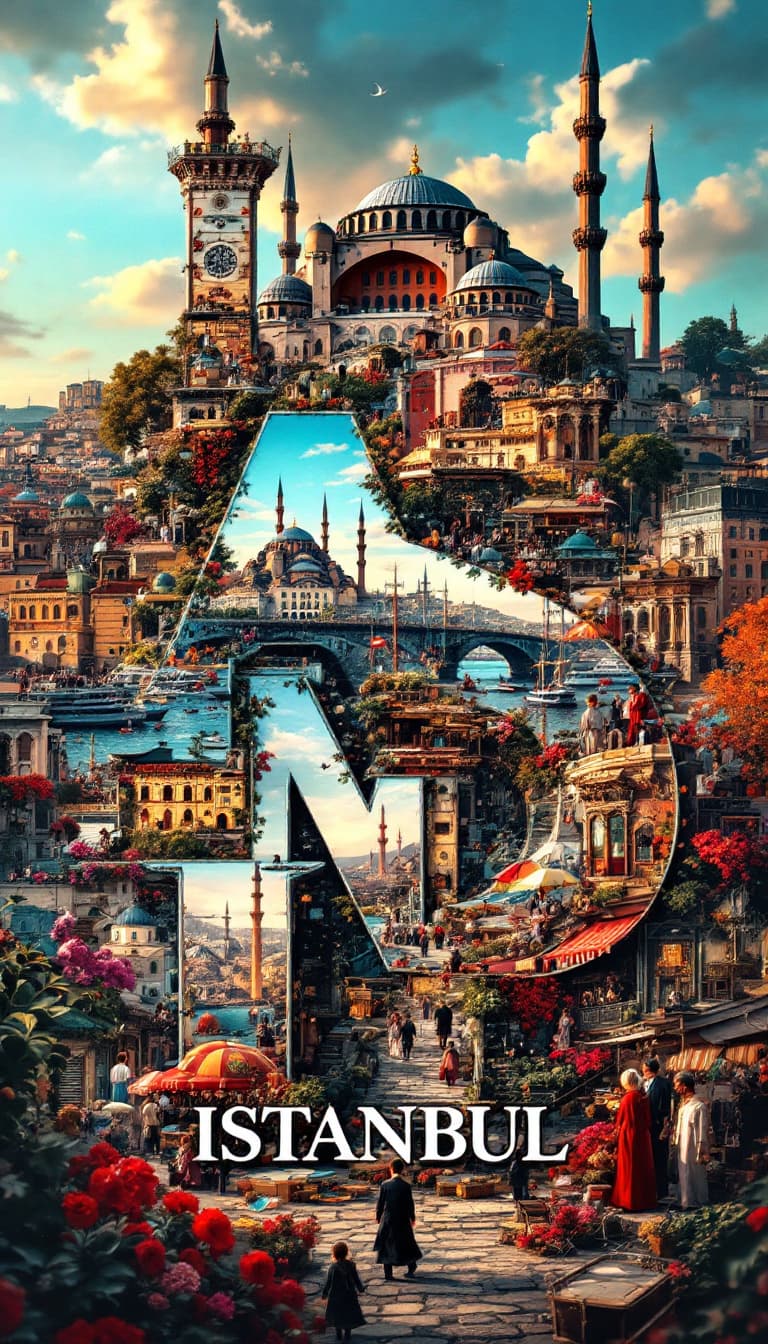 AI generated: A striking, high-contrast cinematic photo-style vertical collage that captures the essence of Istanb...