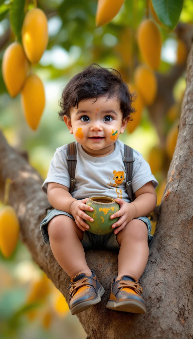 AI generated: High resolution photography
Little baby, sitting on mango tree, wearing paint, formal shoes, and T-s...