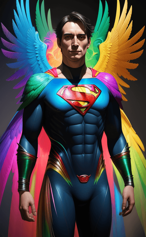 AI generated: (colorful bird posing with extreme glowing rainbow colors:1. 8), real face superman costume,(Sigma 8...