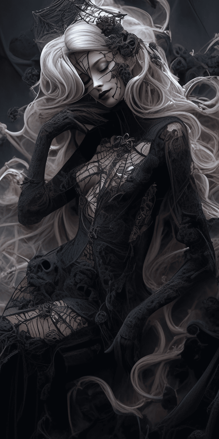AI generated: photoshoot top angle action pose, stunning barbie girl character in black lace spider webs, surround...
