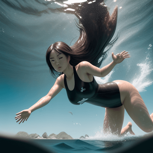 AI generated: Photo of a ultra realistic Asian lady with dark brown long hair, wearing one piece black sexy swimmi...