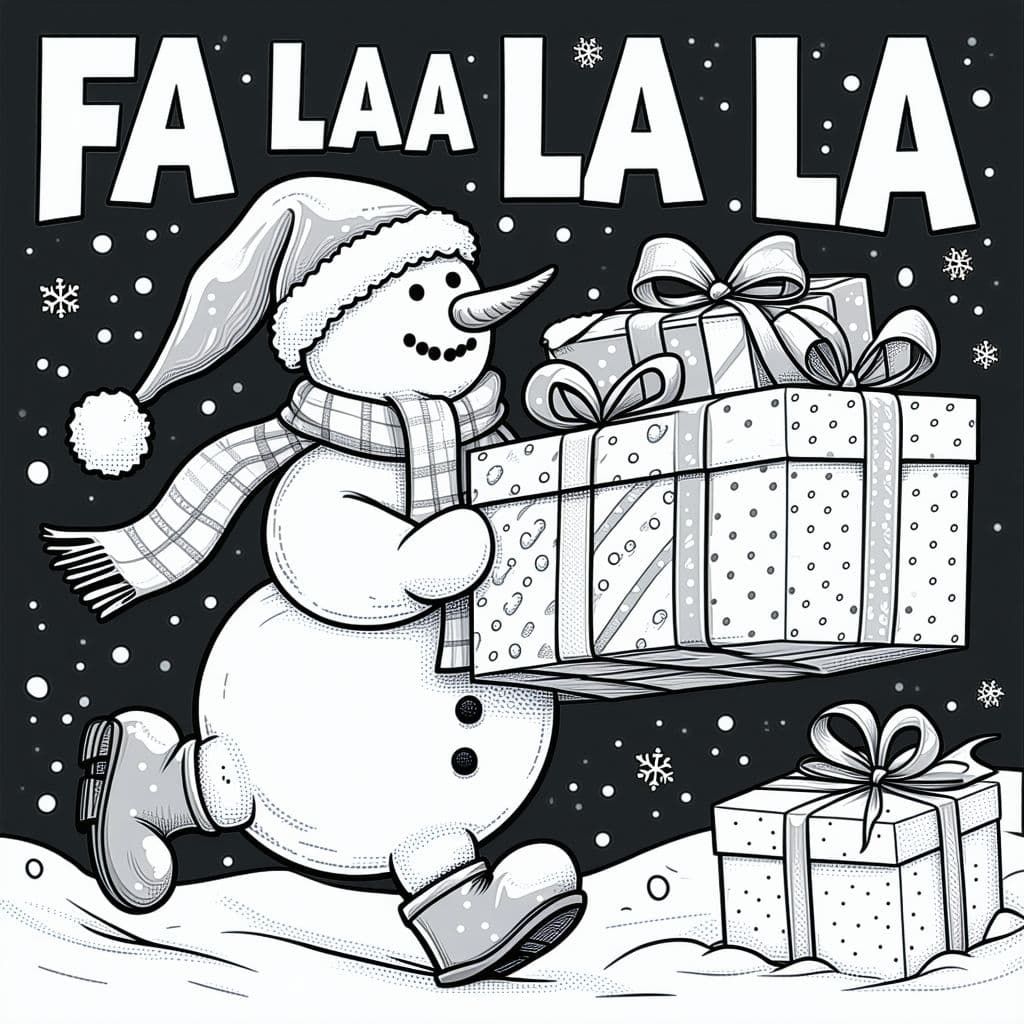 AI generated: A coloring page design with the phrase "FA LA LA LA LATE" and a snowman in a frantic holiday rush. T...