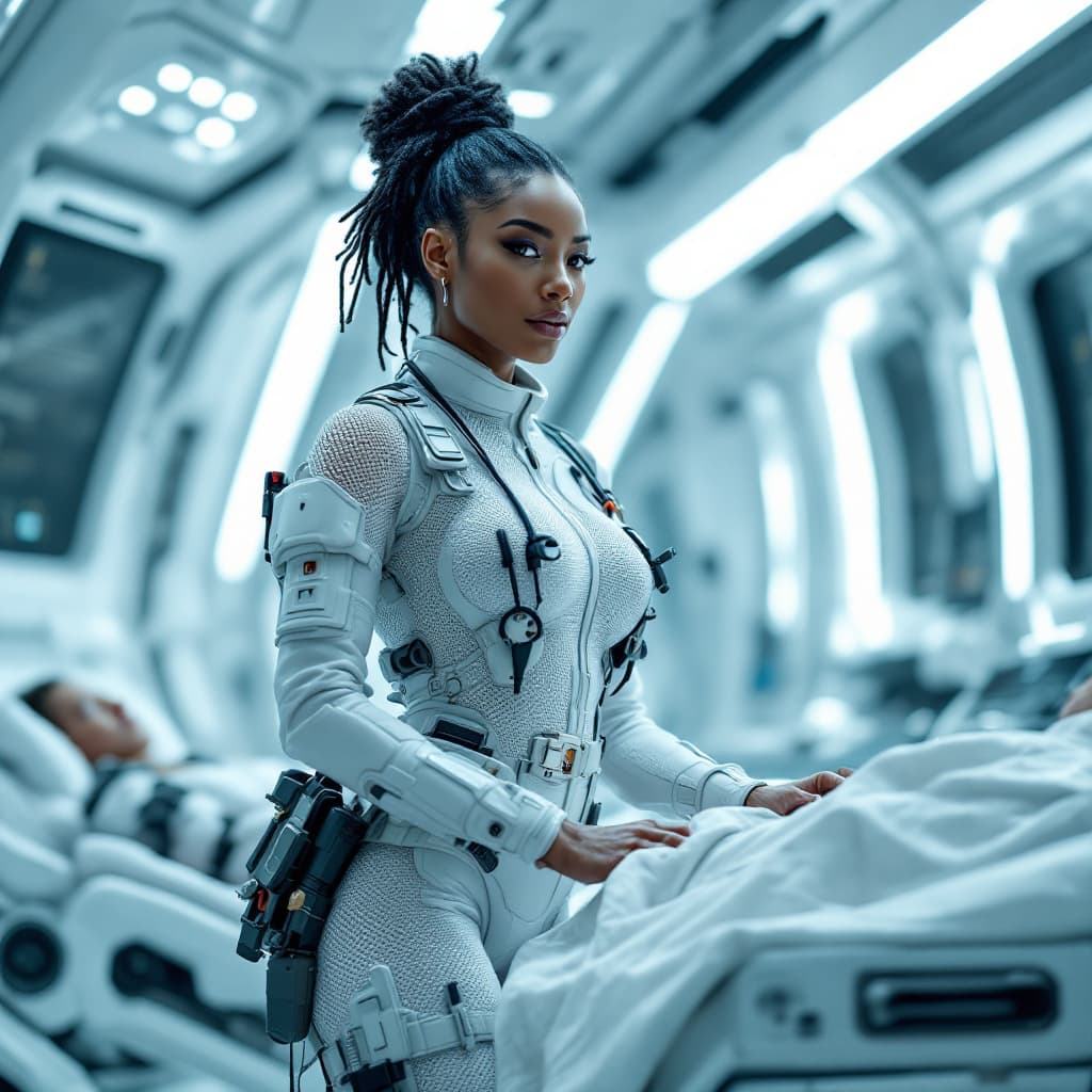 AI generated: Digital image set within the high-tech, gleaming interior of a space-station medical center. The foc...