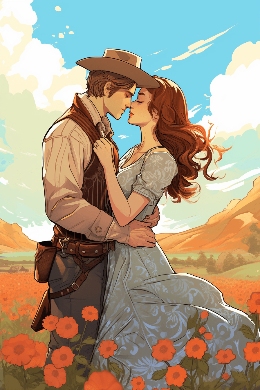AI generated: Romance illustration, a couple sharing a passionate kiss, romance book, Wild west, set against a blo...