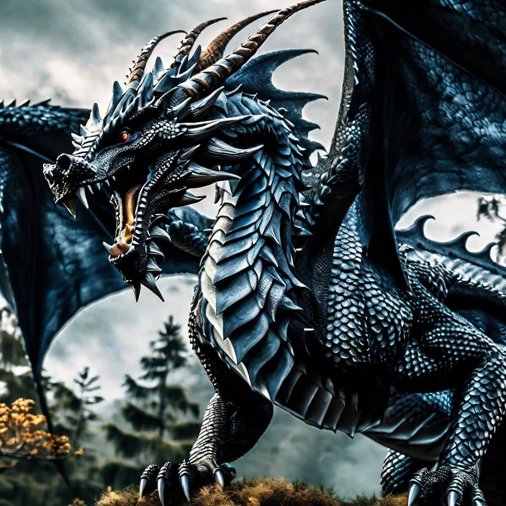 AI generated: incredible detailed shot of a majestic dragon standing above a forest, extreme detail, 8k, godrays t...