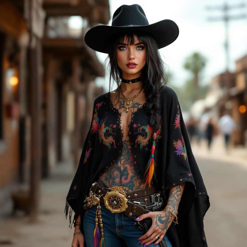 AI generated: Full body photo HD beautiful Mexican girl standing in an old west street, wearing a black Stetson wi...