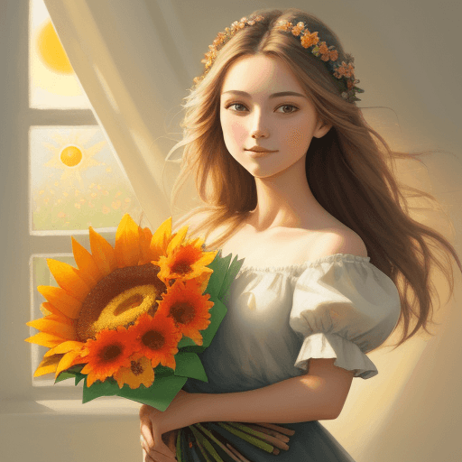 AI generated: oil paints drawing of a beautiful girl holding a bouquet of flowers and the illuminated sun looking ...