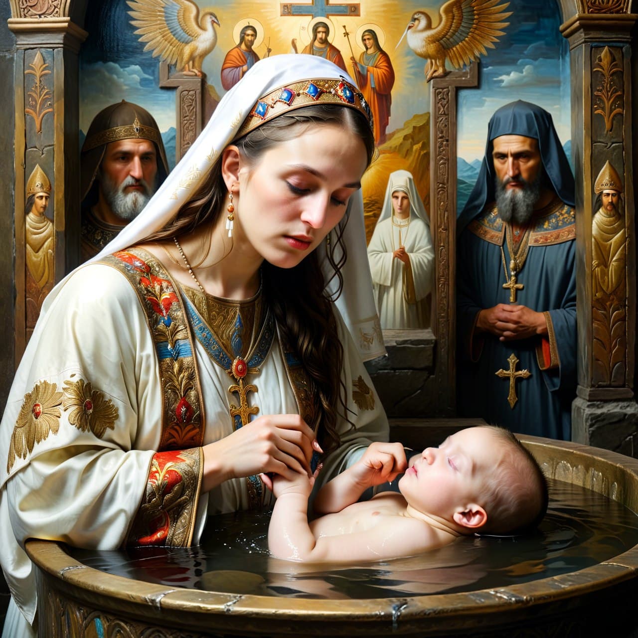 AI generated: best quality, oil masterpiece, realistic, detailed, moody vibrant colors design baptism in ancient R...
