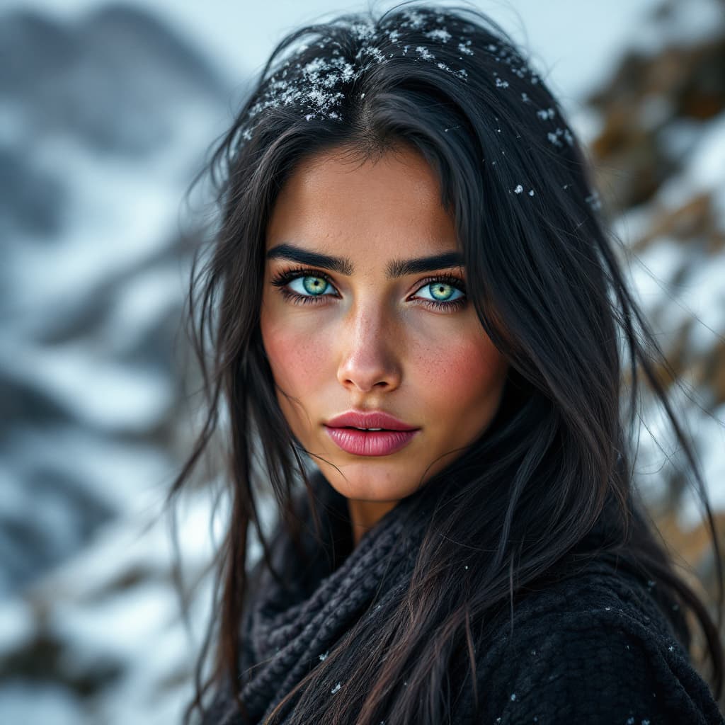 AI generated: In a mountain with snow, A close-up color portrait of an Afghan woman with green eyes, long black ha...