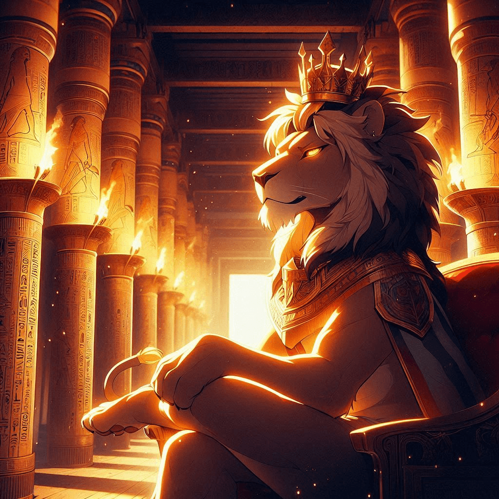 AI generated: Cinematic anime photo of a regal lion king holding his legs in an ancient Egyptian palace, the golde...