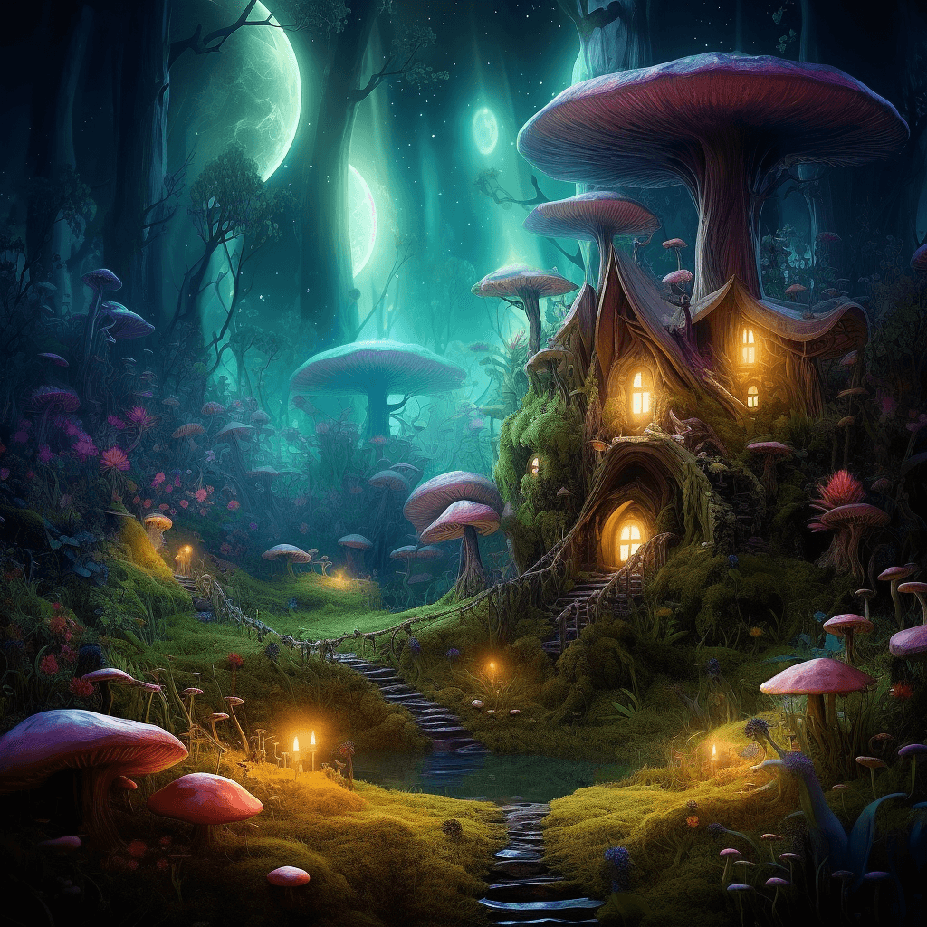 AI generated: A fairy Forest with colorful glowing fairys and plants, detailed, 3d fractals, light particles, wate...