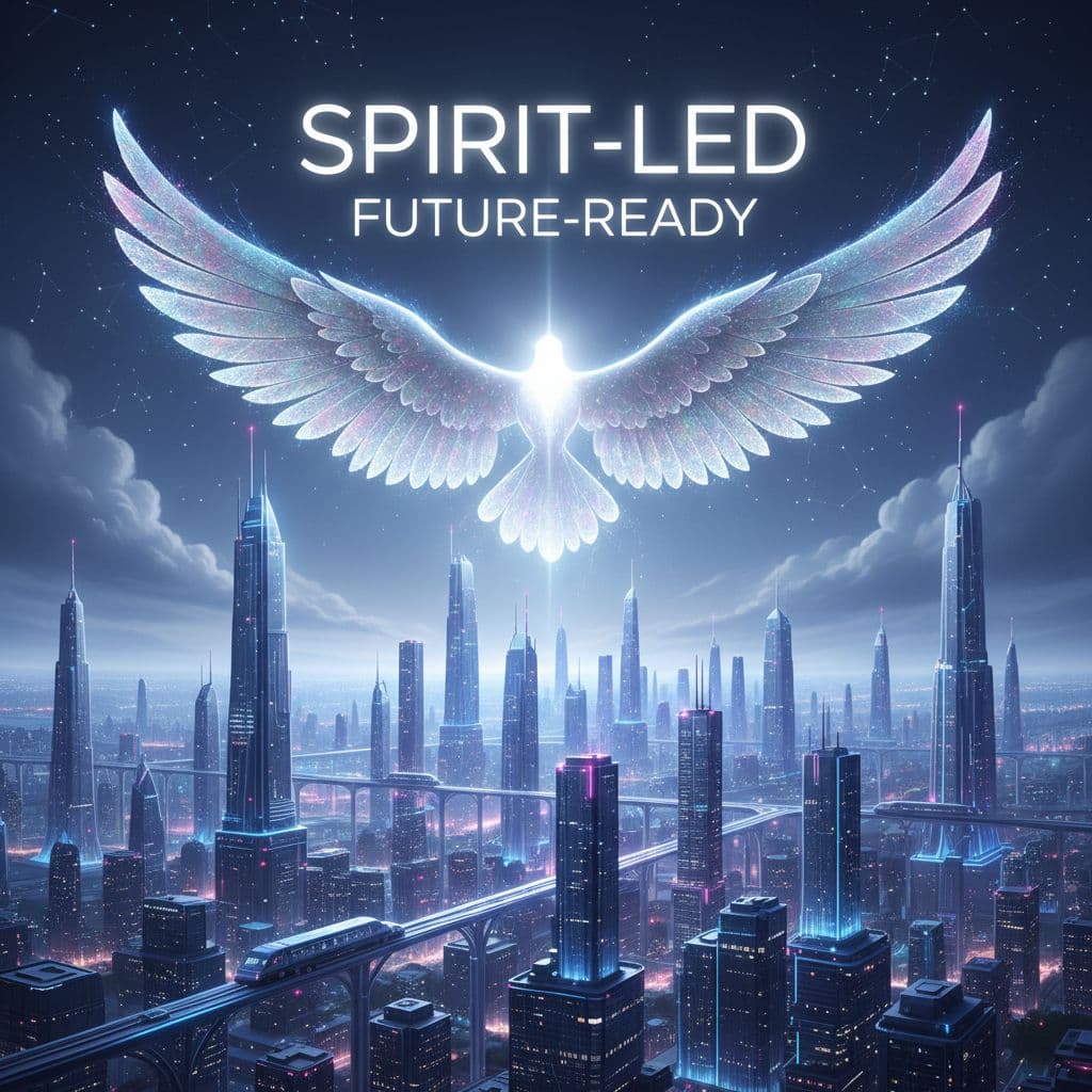 AI generated: "Spirit-Led. Future-Ready." — Futuristic cityscape under dove wings