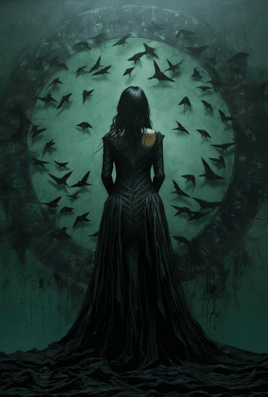 AI generated: A silhouette of a woman of dark fantasy standing on the ground, in the style of dark navy and dark e...