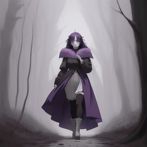 AI generated: prompt=Loona medieval character with shoulder-length purple hair cold fur clothes black eyes walking...