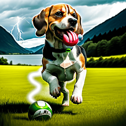 AI generated: Beagle dog, running with a ball in mouth, Natural Lightning, in green field with lake on background