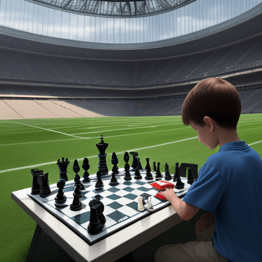 AI generated: Boy is playing chess in the stadium and the aspect ratio should be 16:9