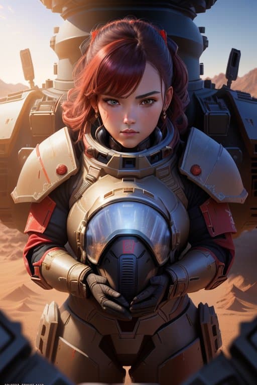 AI generated: Portrait of a Space Marine woman, pronounced feminine feature, red and blue heavy armor, in the dese...