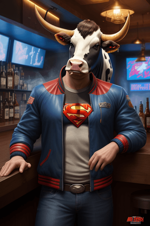 AI generated: A cow is smoking in a bar, hyperrealistic futuristic buffalo wearing superman jacket, , 8k, artstati...