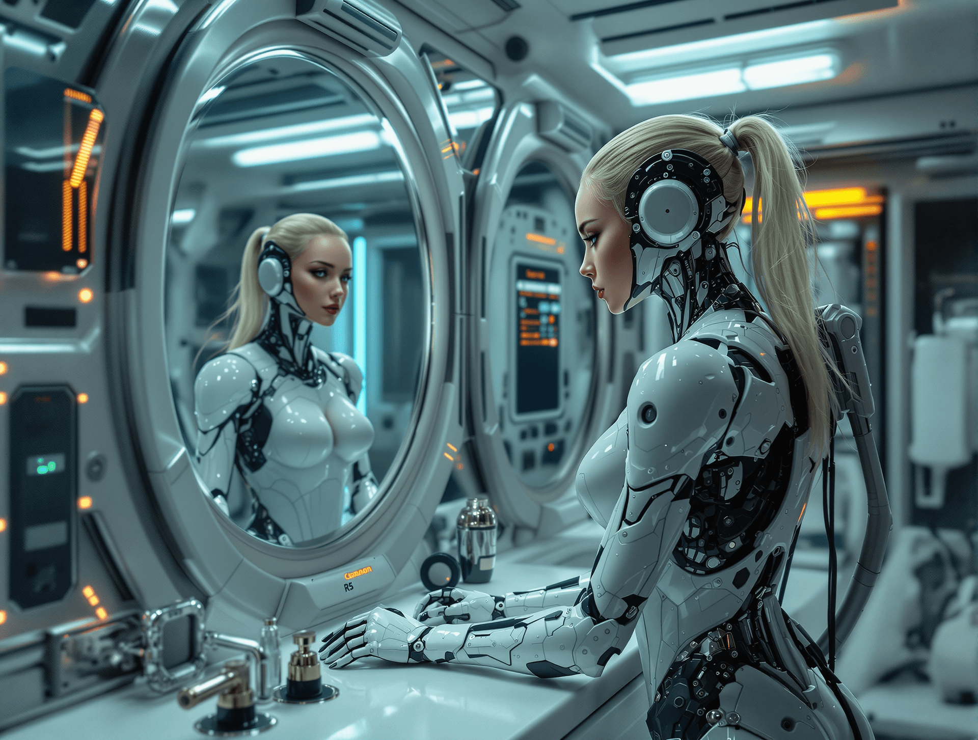 AI generated: Space station bathroom. Hiper realistic human-cyborg hybrid girl shot made wirh a canon EOS R5. She ...