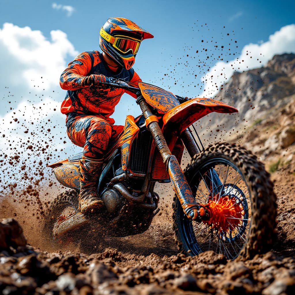 AI generated: Create a highly detailed and dynamic image of a motocross biker riding through a muddy terrain. The ...