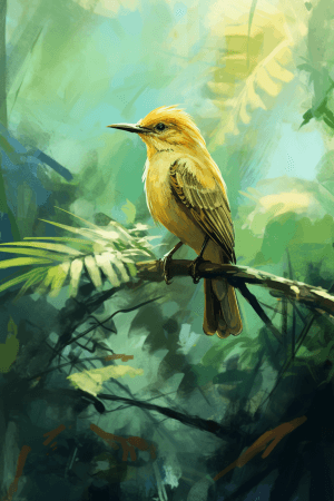 AI generated: perspective of a bird in a lush forest, impressionist style, in enchanting District,watercolor paint...