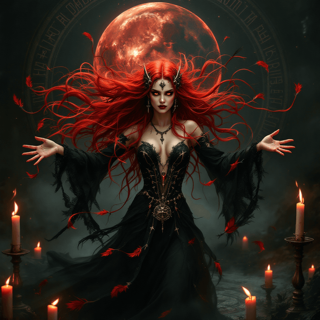 AI generated: The Ritualistic Dancer: A captivating performer with long, vibrant crimson hair that seems to writhe...
