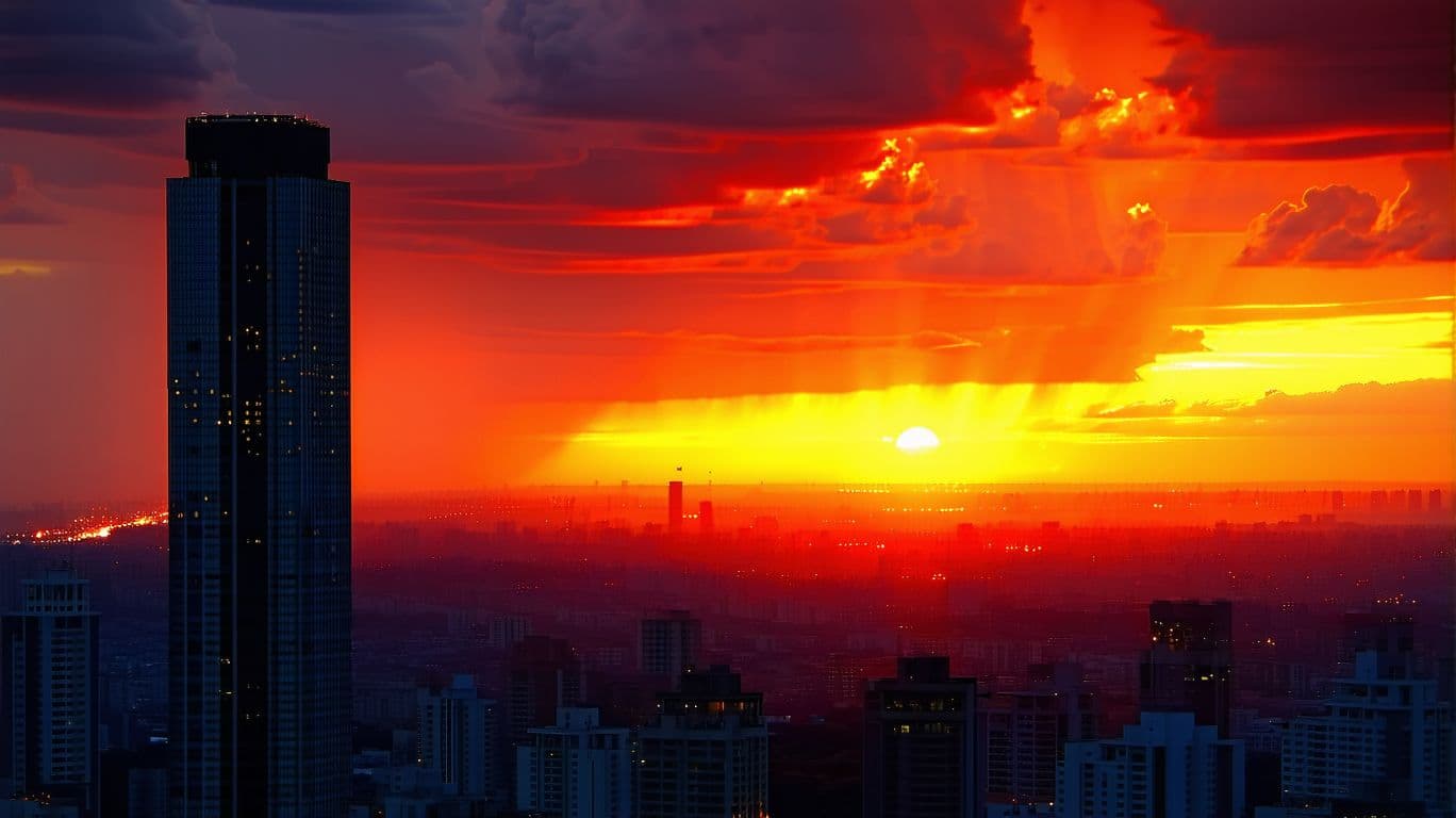 AI generated: sunset in the city with a building tower, dramatic sunset, sky on fire, dramatic sunset lighting, vi...