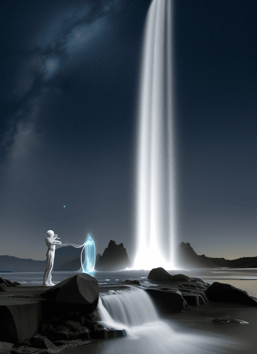 AI generated: looking up, view from a crescent beach, a celestial humanoid is pouring water down creating a waterf...