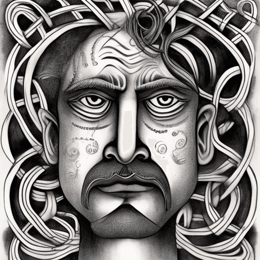 AI generated: drawing of a man with curled lips, in the style of surrealistic dreamscape, celtic art, ink wash col...