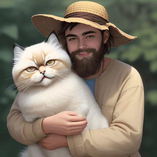 AI generated: /imagine prompt: Picture young man with medium cat, smile, happiness, dark blonde hair, medium lengt...