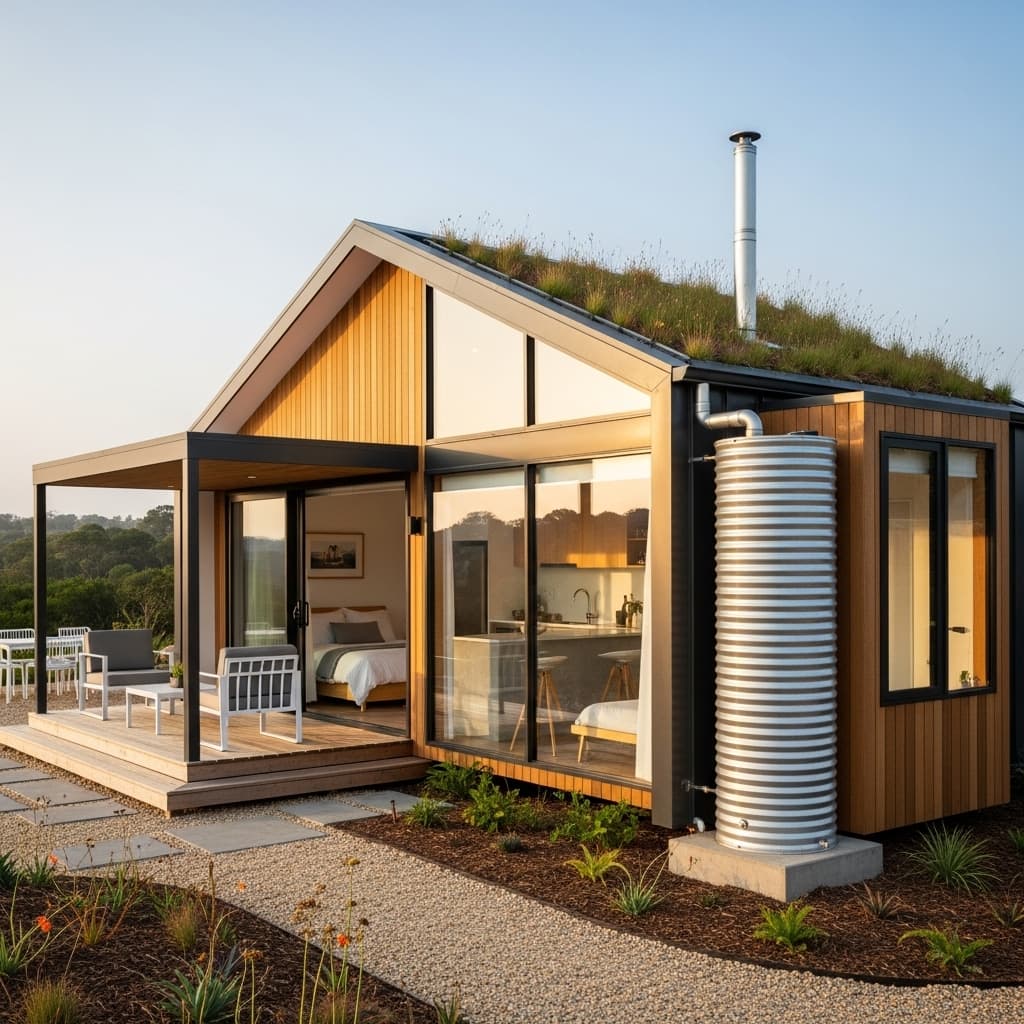 AI generated: An ultra modern energy sustainable tiny house. Make it ground level. Add water tank. Combination of ...
