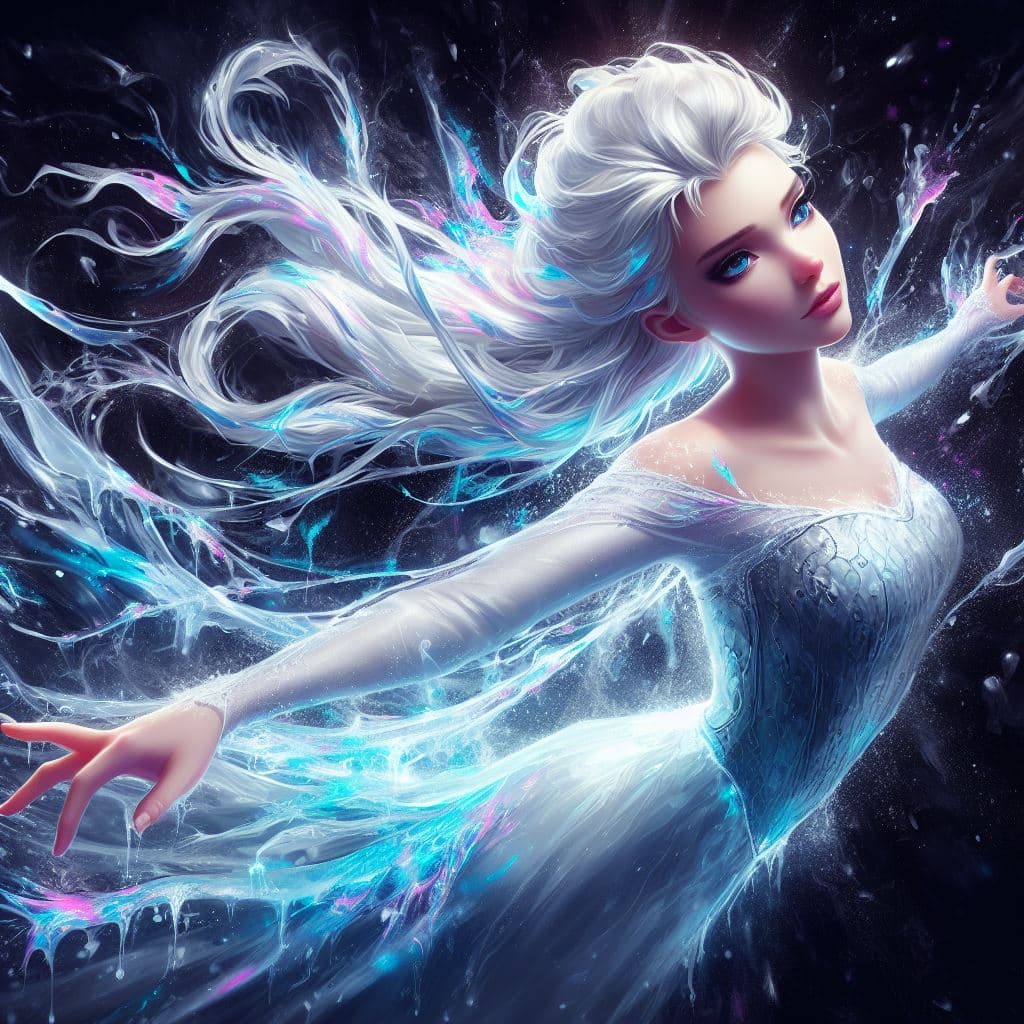 AI generated: realistic oil painting illustration of female model Elsa floating in dark space, frozen hair, magica...