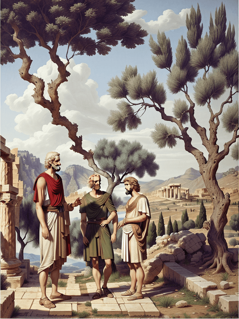 AI generated: Full height side view Portrait of only two men: old philosopher Aristotle talking to young Alexander...