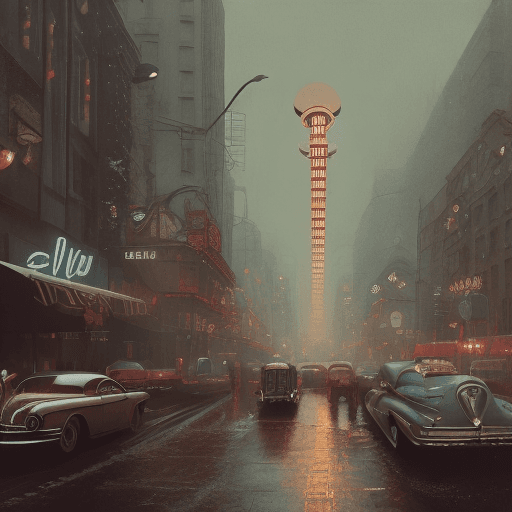 AI generated: Film Noir City, art deco, retrofuturism, Dieselpunk, Atompunk,rainy weather, ambient atmosphere, 8k ...