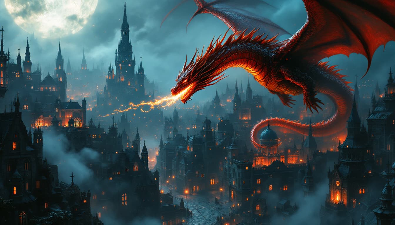 AI generated: A hyper-realistic crimson dragon with molten-orange scales glides silently above a sprawling gothic ...