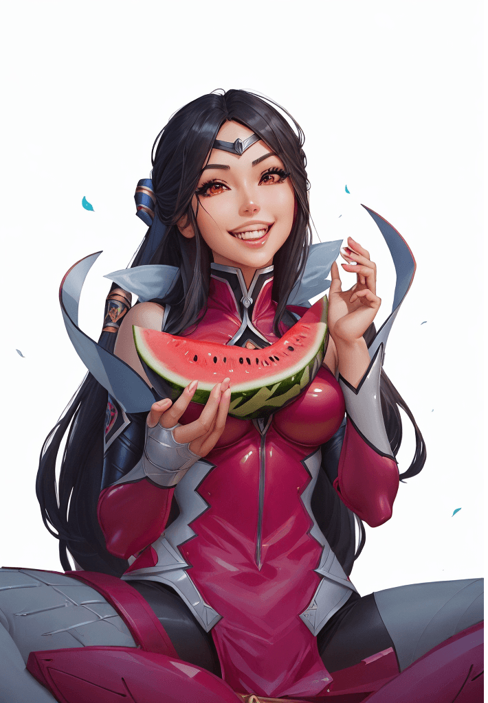 AI generated: anime girl eating a slice of watermelon with a smile, irelia, extremely detailed artgerm, irelia fro...
