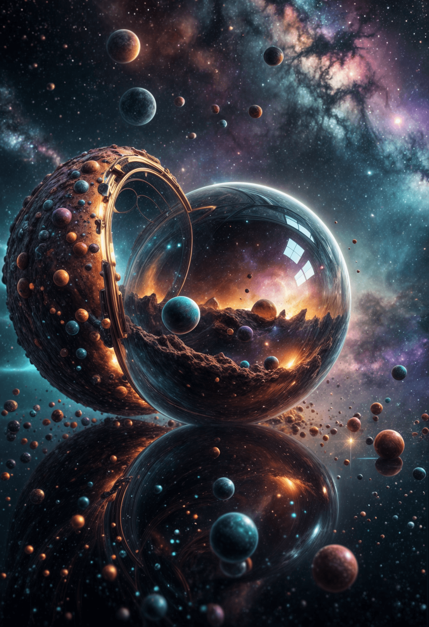 AI generated: surealism dimension, spheres, mirror of the past,colorful,nebulas,stardust