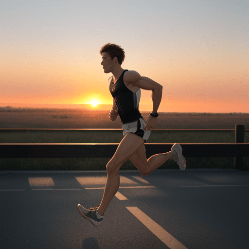 AI generated: man run in the sunrise and stop to bite in protein bar