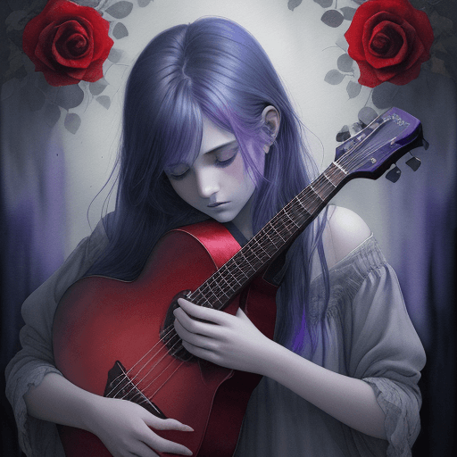 AI generated: A melancholic musician with melancholic red roses surrounding gray eyes, in the style of Love, emitt...