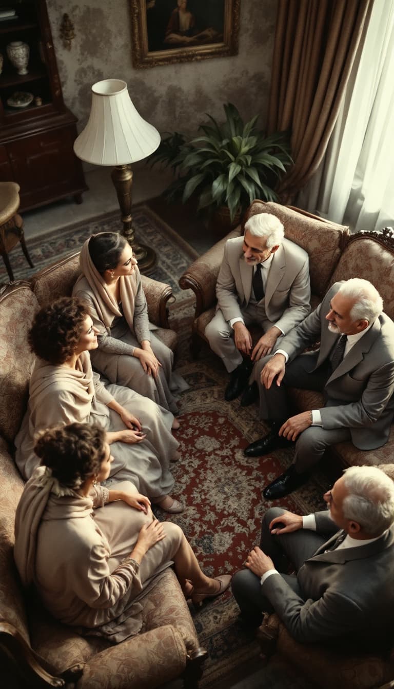 AI generated: A high-angle shot of a traditional Iranian engagement gathering in a spacious 1950s home. The living...