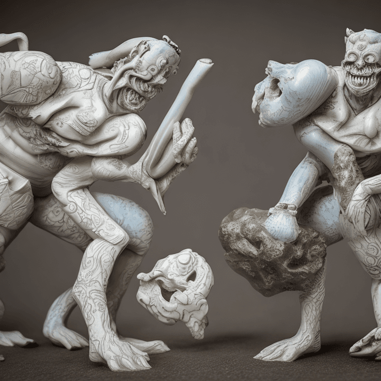 AI generated: Carved porcelain cyborg demons,different full body modelposition, high detailed cinematic background...
