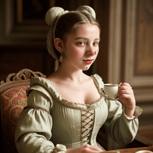 AI generated: Young orc girl, dressed in fancy renaissance era dress, dribking a cup of tea with elegance