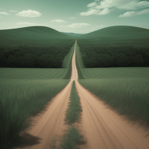 AI generated: A cinematic shot of a dirt road in a green field.