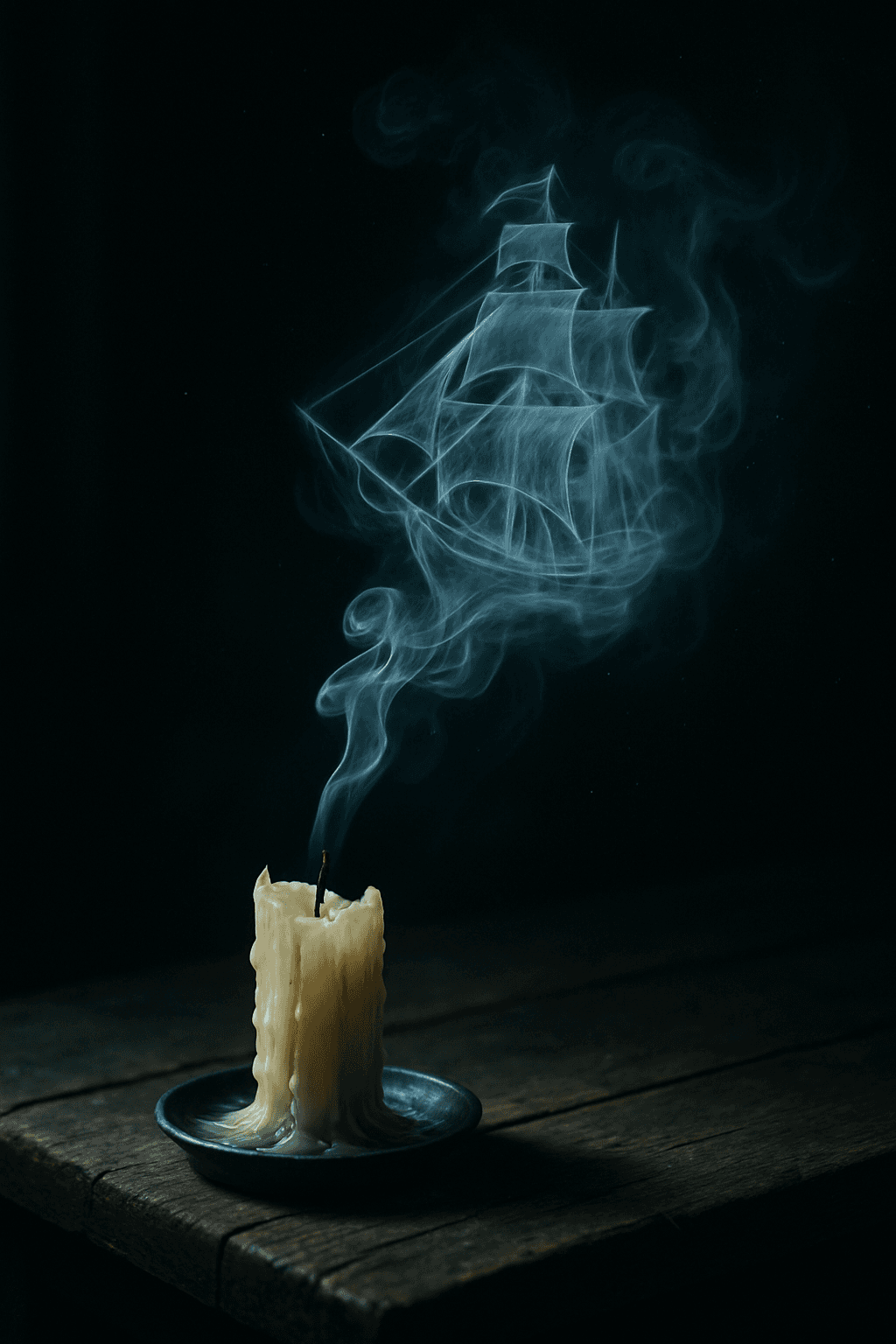 AI generated: A single melted candle sits on a weathered wooden table in a dark, silent room. Its flame has just b...
