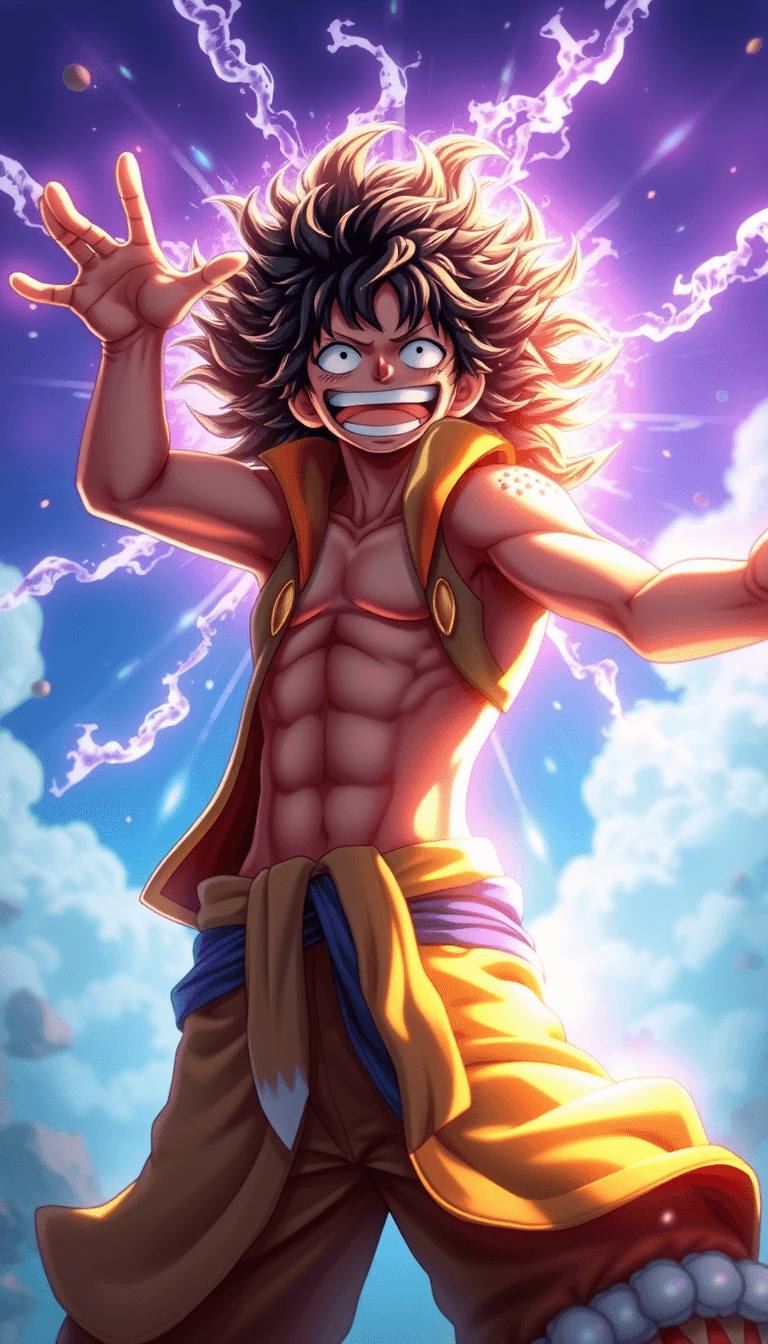 AI generated: a breathtakingly realistic illustration of Luffy in his God Nika form, radiating an otherworldly aur...