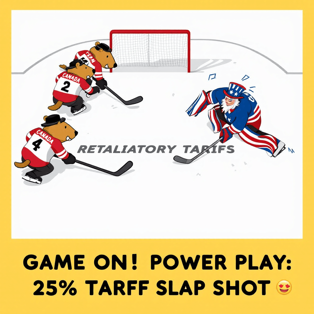 AI generated: Visual: A hockey game where Team Canada (beaver players) slaps a puck labeled "Retaliatory Tariffs" ...