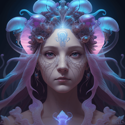 AI generated: Goddess close-up portrait ribcagel. jellyfish phoenix head, nautilus, orchid, skull, betta fish, bio...