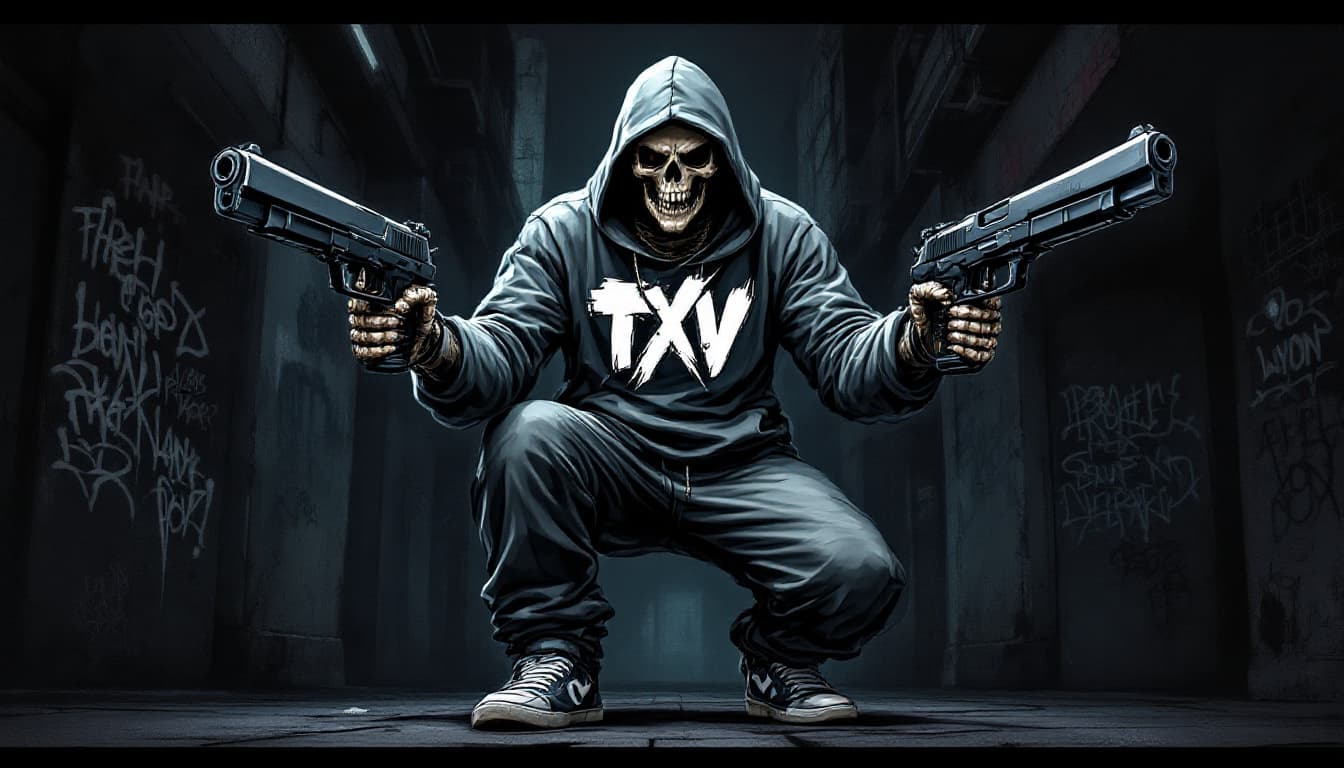 AI generated: A bold, dark graffiti-style illustration of a hip-hop-clad skeleton. The character wears a hoodie wi...
